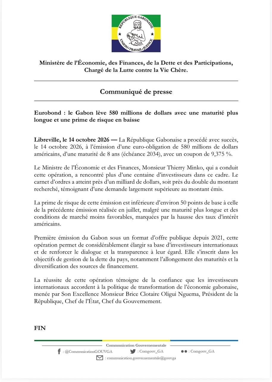 Eurobond : le Gabon lève 580 millions de dollars avec une maturité plus longue et une prime de risque en baisse
